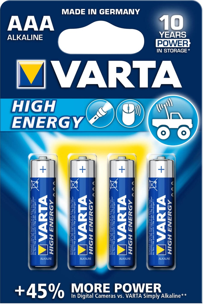 Piles alcalines Hight Energy -1,5V - AAA (LR03) - Blister de 4 - Varta