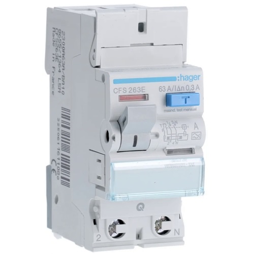 [HAGCFS263E] Interrupteur différentiel 2P - 63A - 300mA - Type A - Quick-connect - Hager